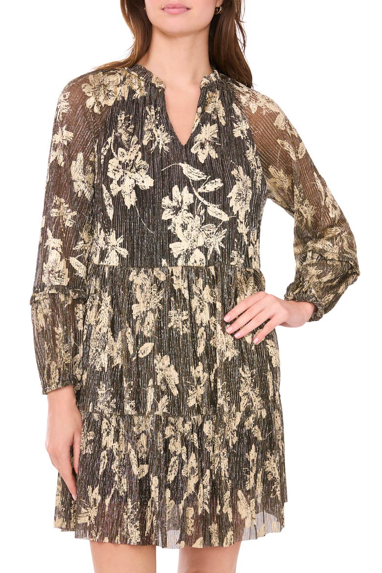 Floral Foil Tiered Long Sleeve Dress, Alternate, color, BLACK/ GOLD
