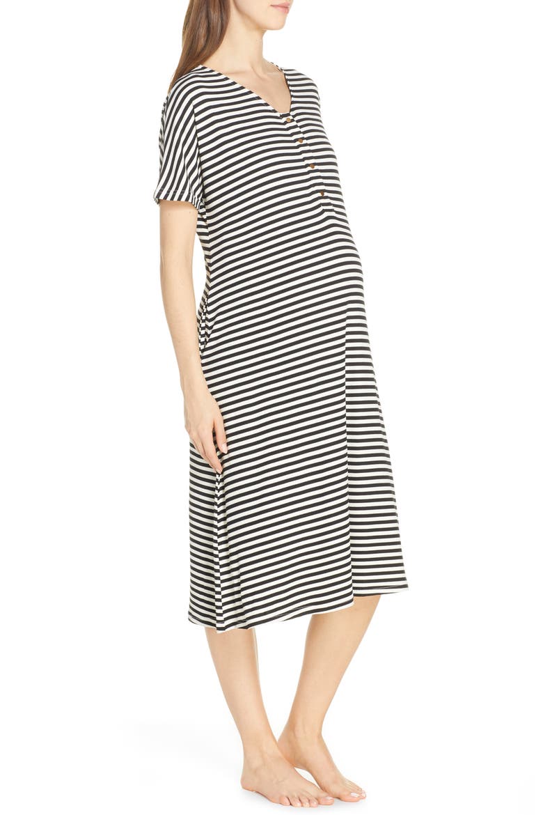 Maternity/Nursing Ribbed Nightshirt, Alternate, color, STRIPE- CREAM AND TAN