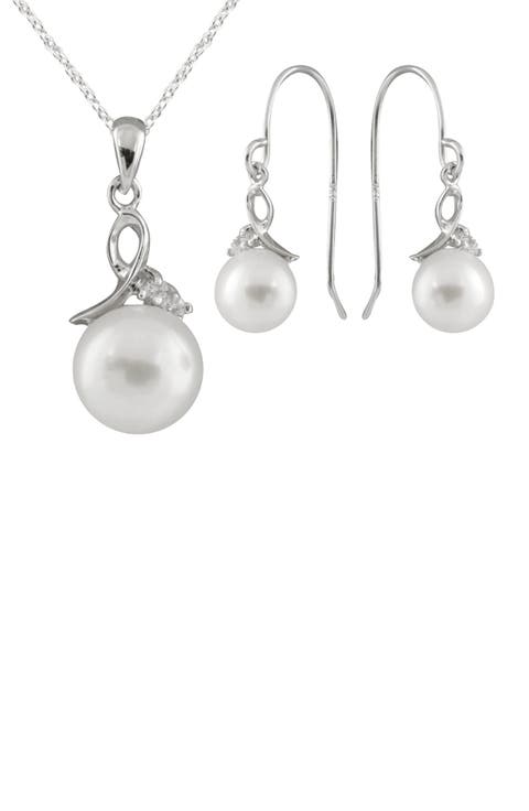 8-9mm Freshwater Pearl & CZ Earrings and Pendant Necklace Set