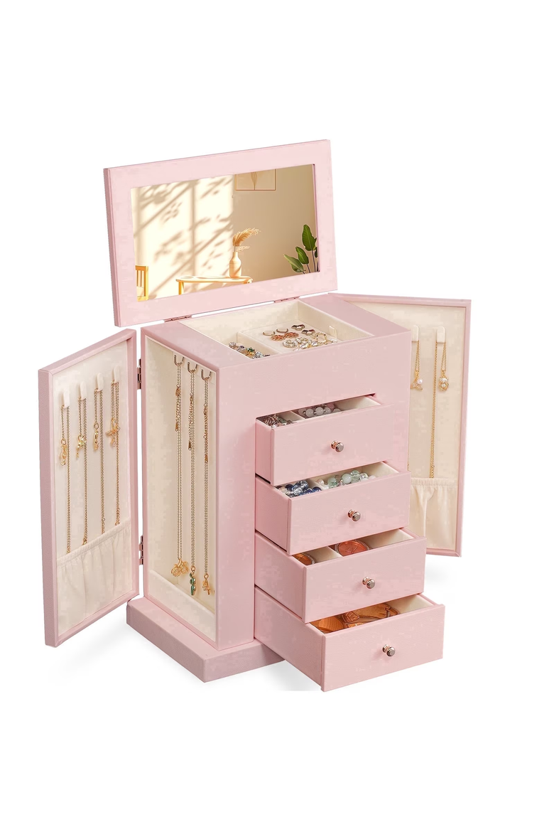 Standing Jewelry Armoire with Lid Mirror, Main, color, Pink