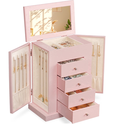Standing Jewelry Armoire with Lid Mirror