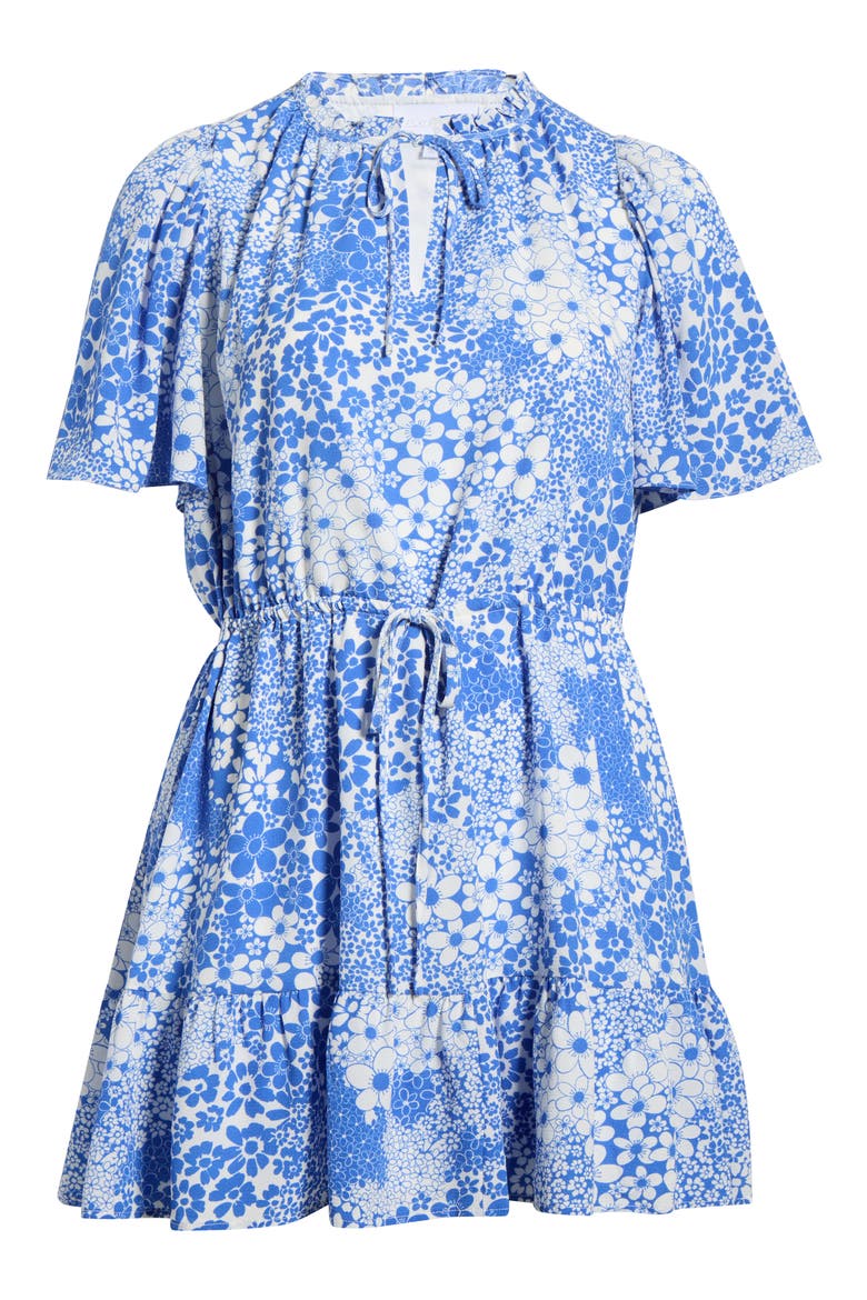 Floral Print Flutter Sleeve Dress, Alternate, color, WHITE BLUE