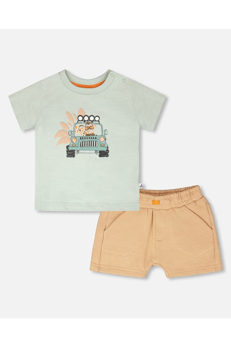Organic Cotton Monkey Short Sleeve T-Shirt and Short Set, Main, color, Mint Green and Beige