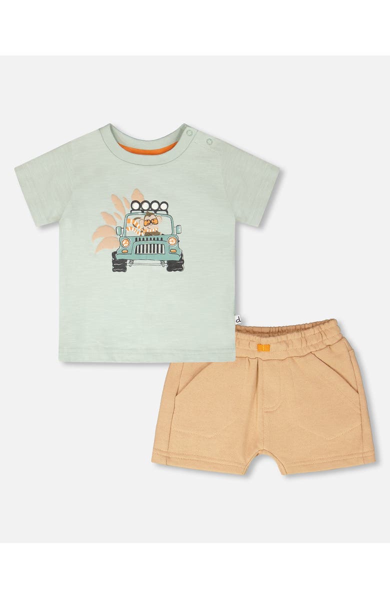Deux par Deux Organic Cotton Monkey Short Sleeve T-Shirt and Short Set, Main, color, Mint Green And Beige