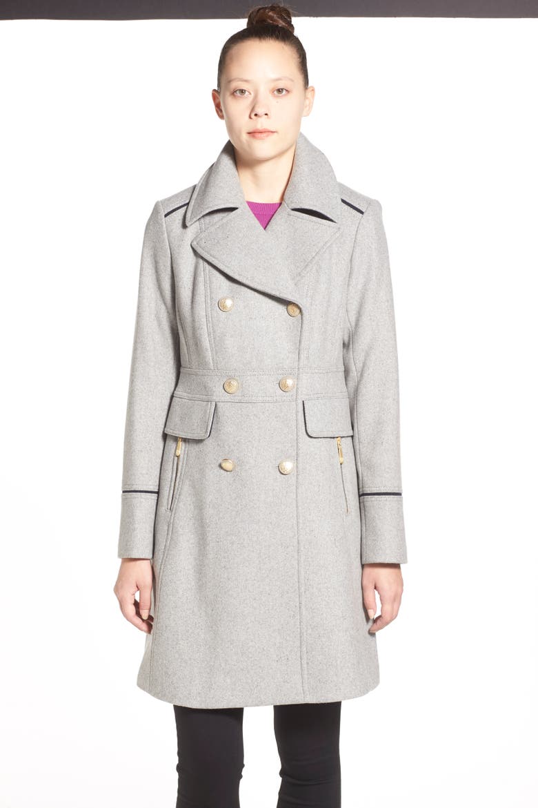 Wool Blend Double Breasted Officer's Coat, Alternate, color, LIGHT GREY