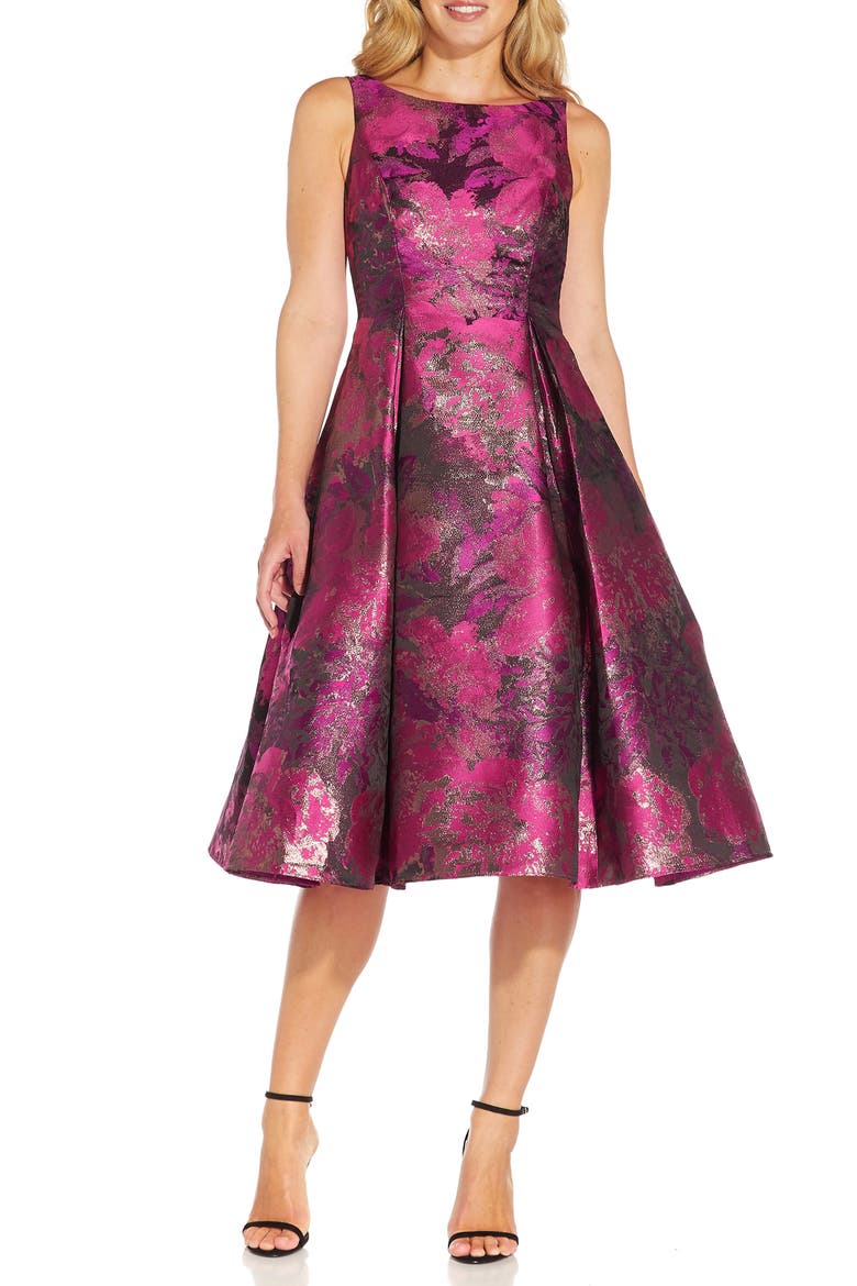 Metallic Floral Jacquard Fit & Flare Dress, Main, color, MAGENTA/ ORCHID MULTI
