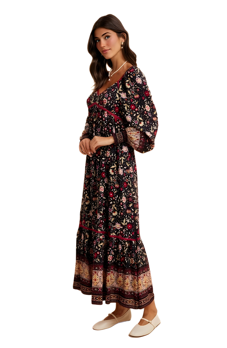 Knit and Lounge Boho Tiered Print Long Sleeve Midi Dress with Lace Trim, Alternate, color, Black Floral