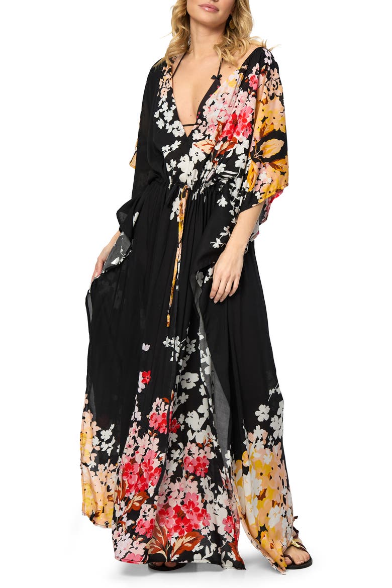 Floral Print Cover-Up Kaftan, Main, color, BLACK COMBO