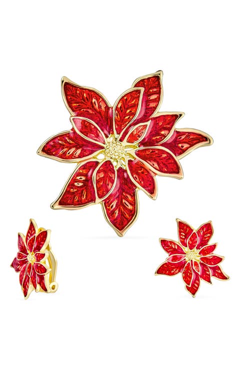 Large Enamel Pointsettia Clip-On Earrings