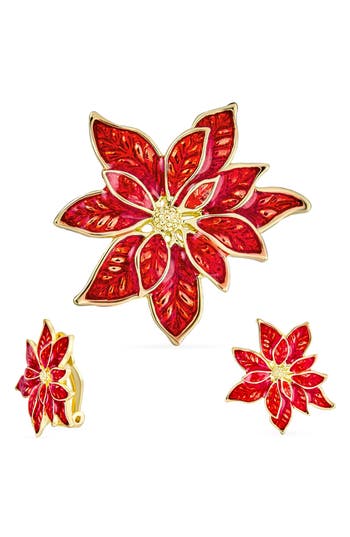 Bling Jewelry Large Enamel Pointsettia Clip-on Earrings In Red