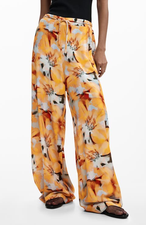 Tie Waist Print Wide Leg Pants