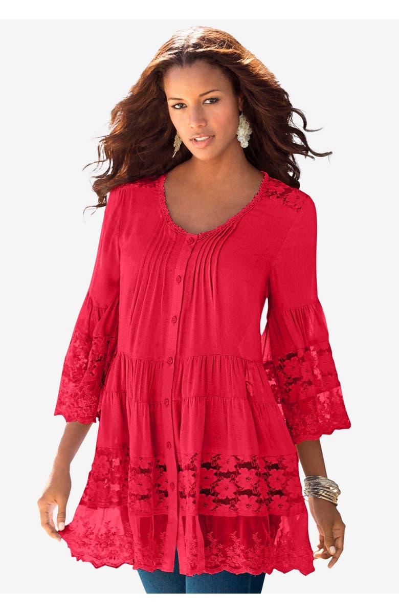 Roaman's Lace Illusion Blouse, Alternate, color, White