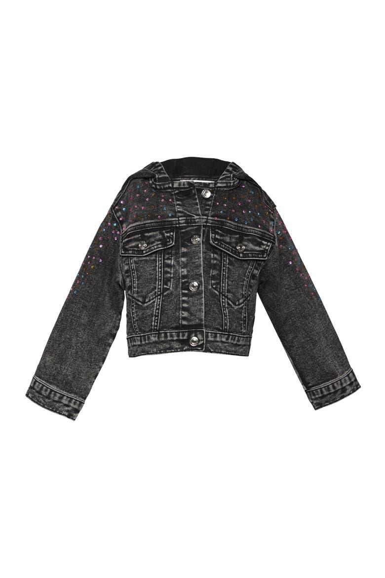 Kids' Crystal Embellished Hooded Denim Trucker Jacket, Main, color, BLACK WASH MULTI GEM