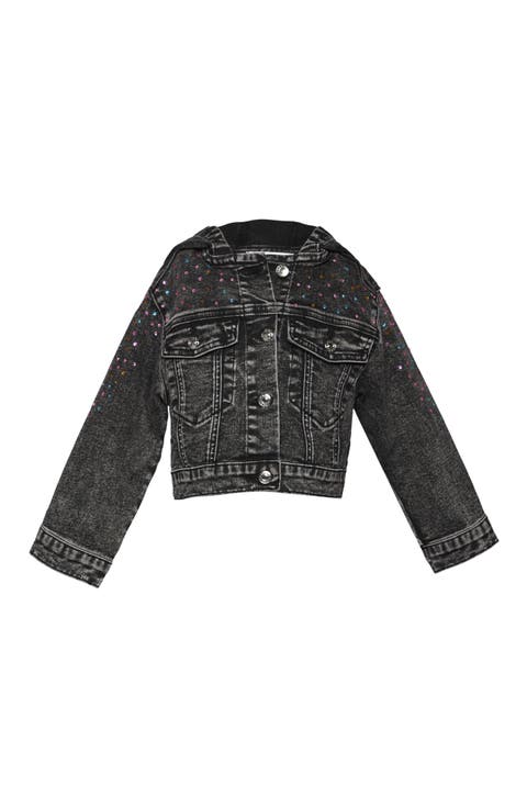 Kids' Crystal Embellished Hooded Denim Trucker Jacket