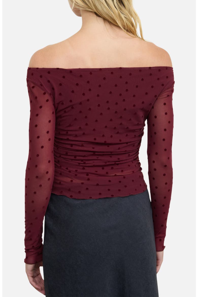 Polka Dot Mesh Off the Shoulder Bodysuit, Alternate, color, BURGUNDY