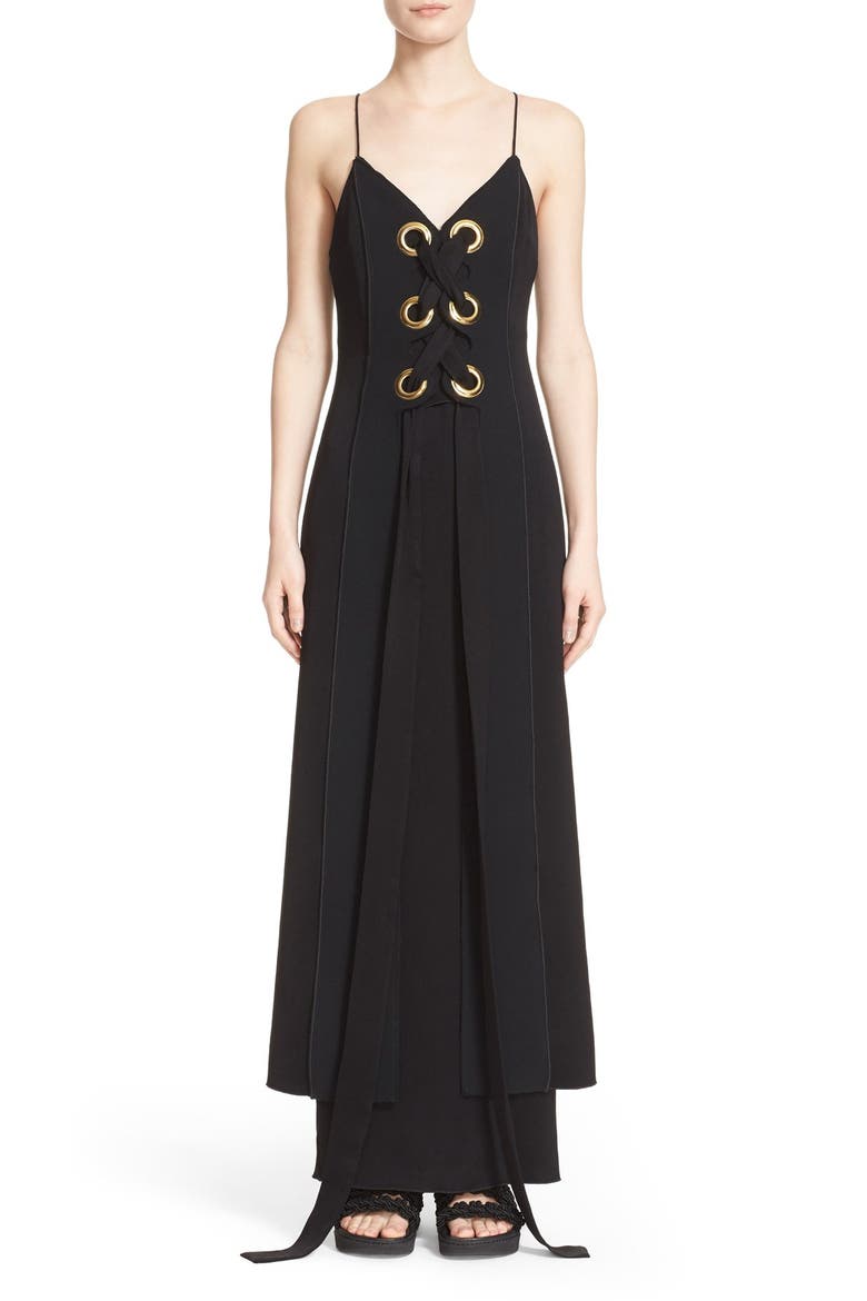 'Delorean' Lace-Up Maxi Dress, Main, color, BLACK