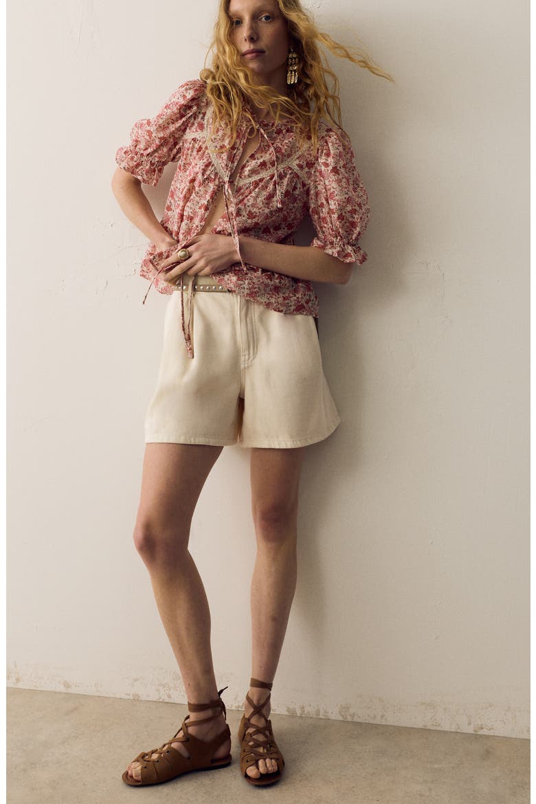Pleated High Waist Cotton Blend Denim Shorts, Alternate, color, ECRU IVORY