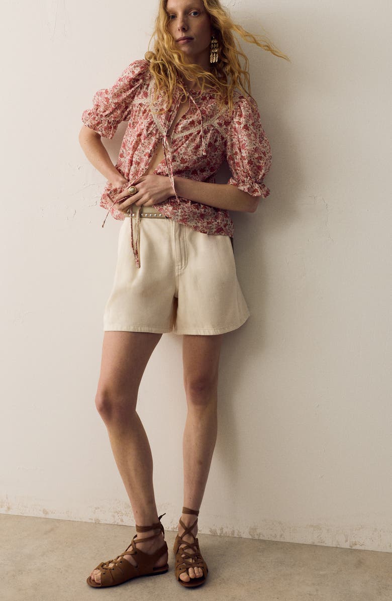 PER UNA BY M&S Pleated High Waist Cotton Blend Denim Shorts, Alternate, color, Ecru Ivory