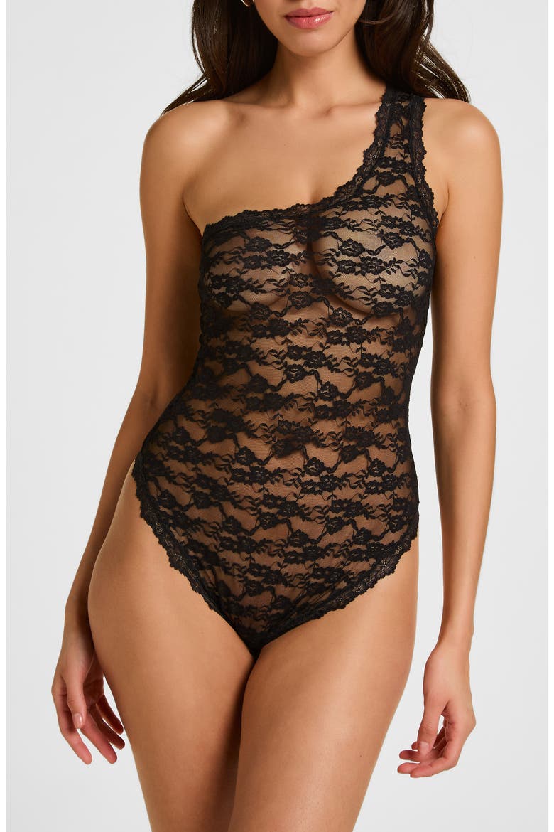 Aveline One-Shoulder Lace Bodysuit, Main, color, CAVIAR