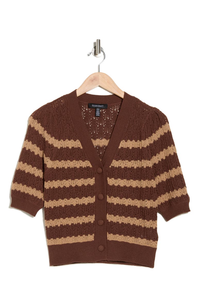 Stripe Short Sleeve Pointelle Cardigan, Alternate, color, BROWN