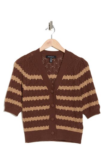 Ellen Tracy Stripe Short Sleeve Pointelle Cardigan In Brown
