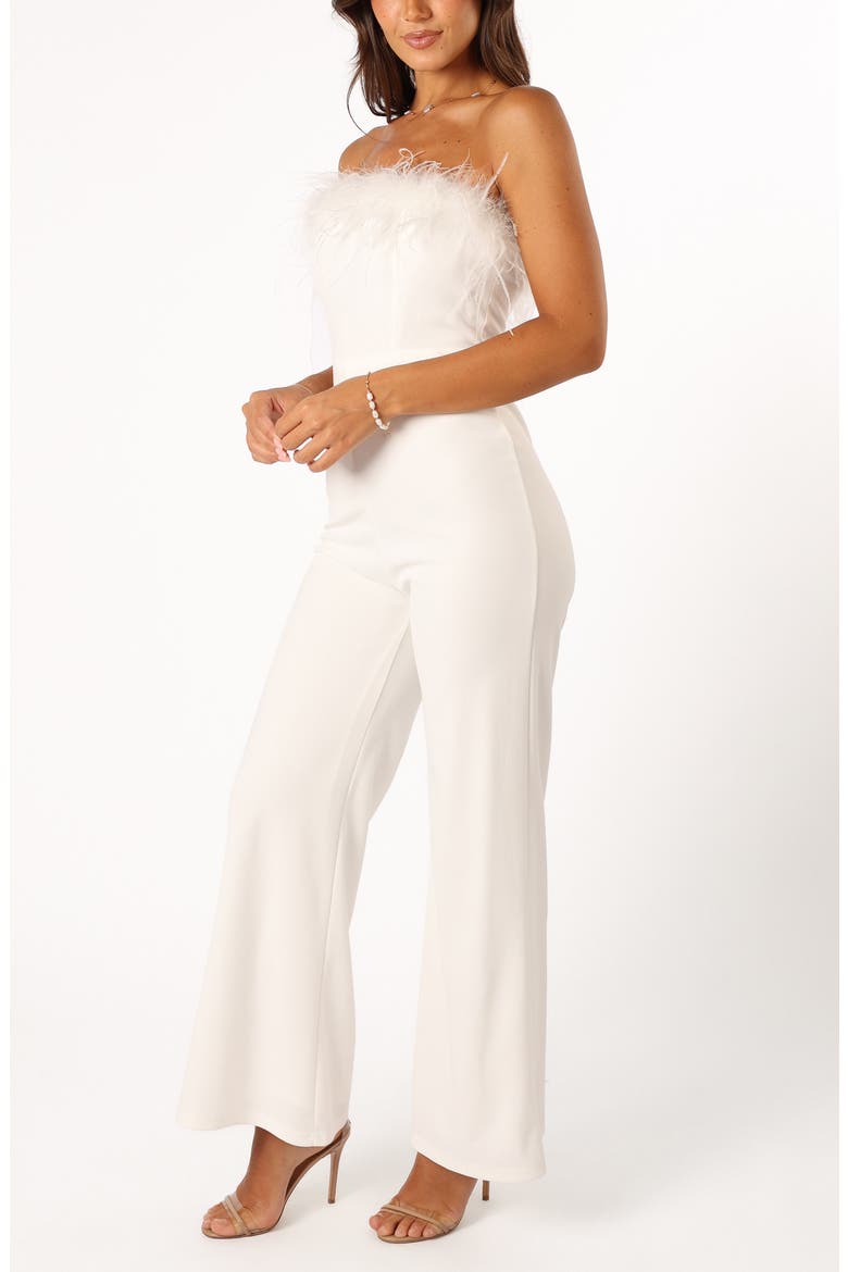 Louise Feather Trim Strapless Jumpsuit, Alternate, color, WHITE