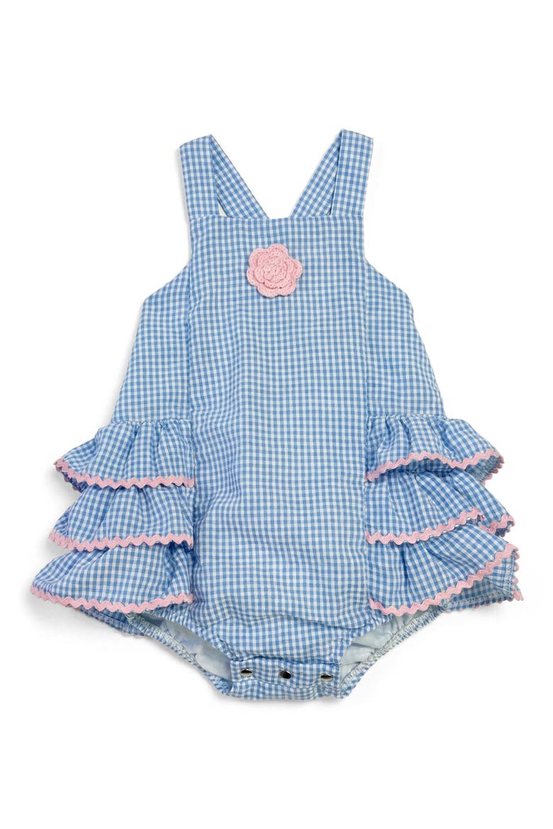 Seersucker Ruffle Sunsuit, Main, color, BLUE/ WHITE
