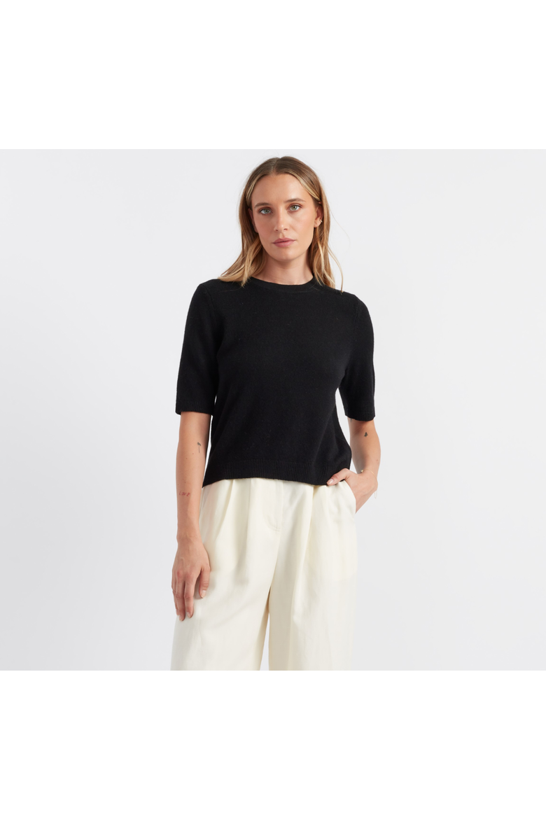 Cloud Cashmere Short Sleeve Sweater Tee, Main, color, Black