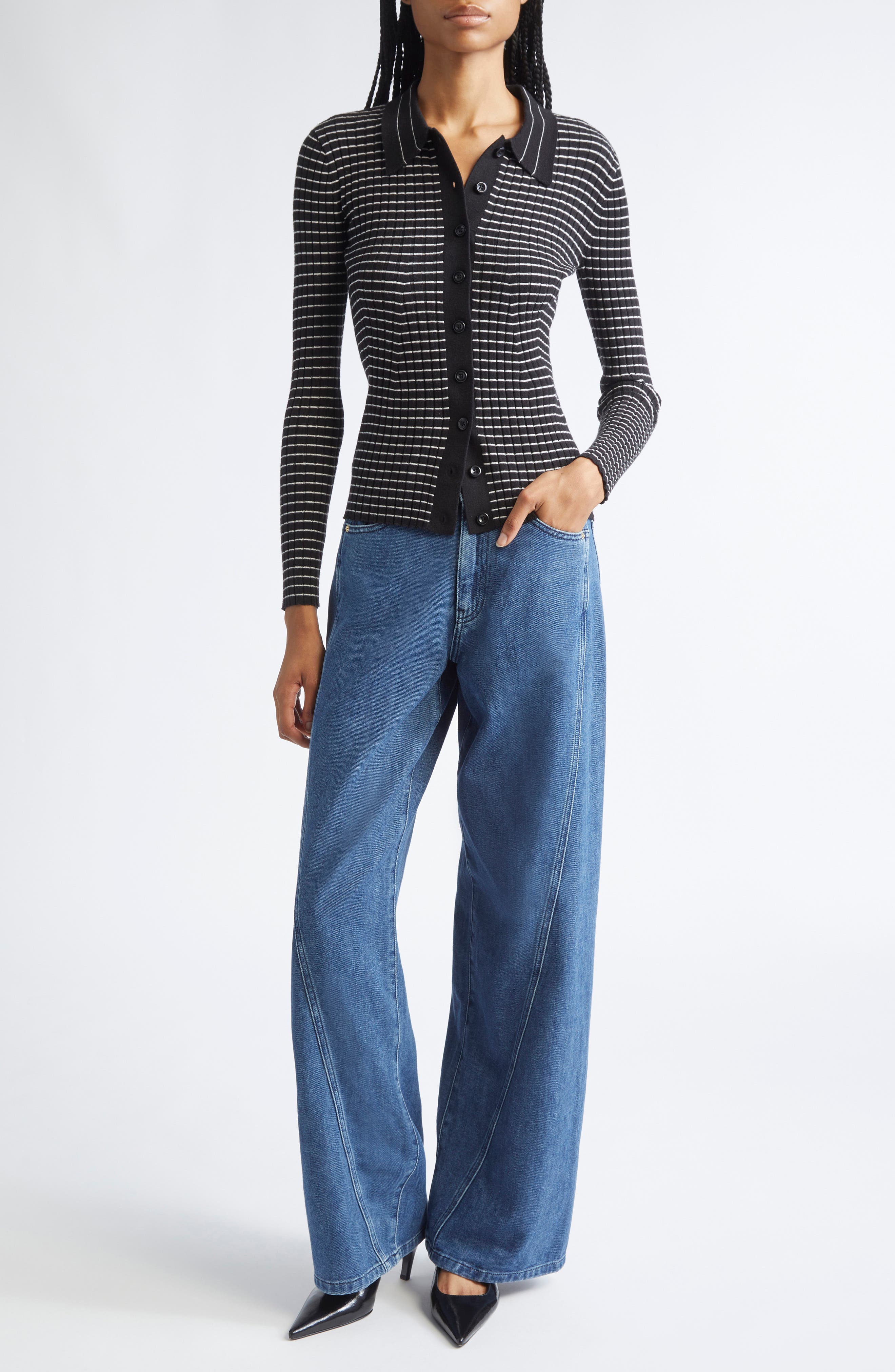Stripe Rib Collared Cardigan - image 2