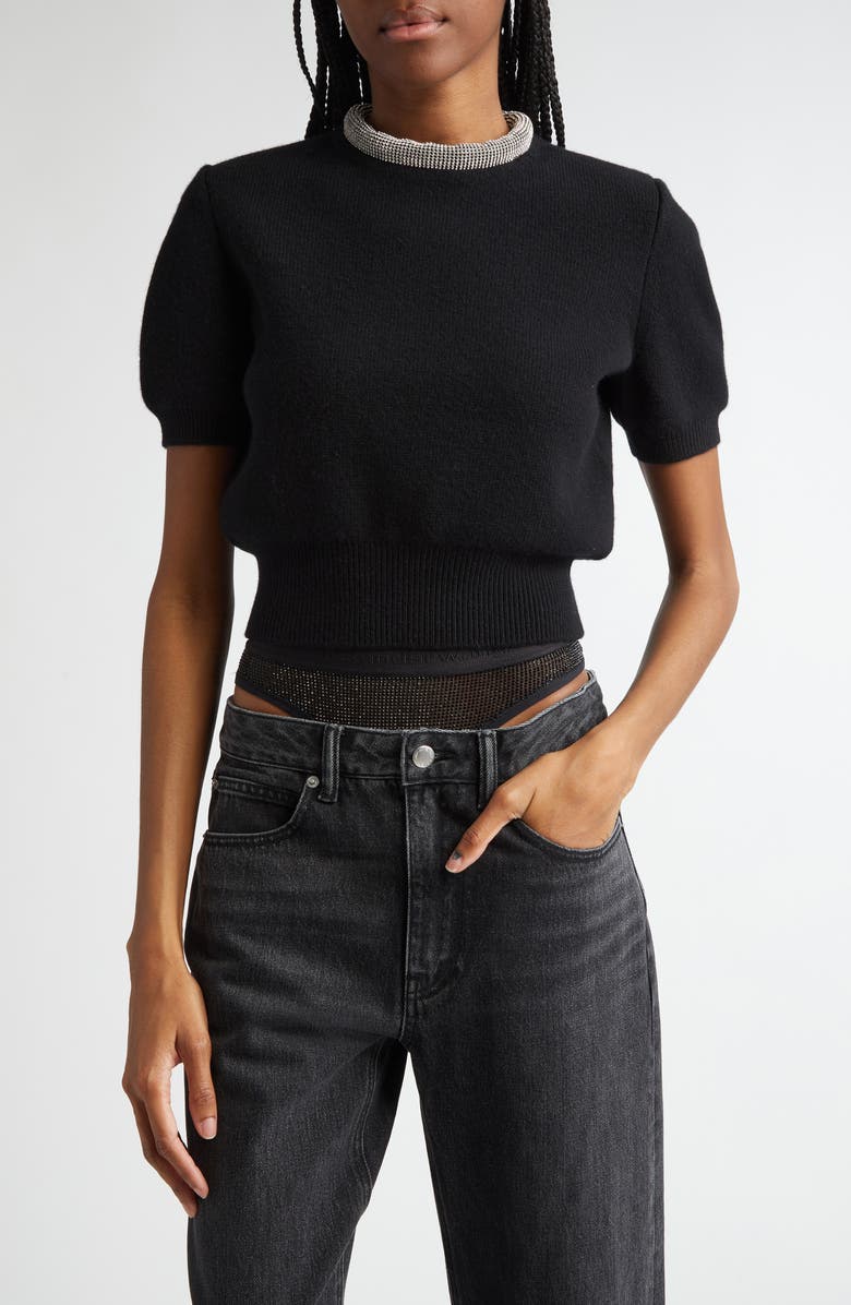Alexander Wang Short Sleeve Crop Wool & Cashmere Sweater with Crystal Hotfix Tubular Collar, Main, color, 