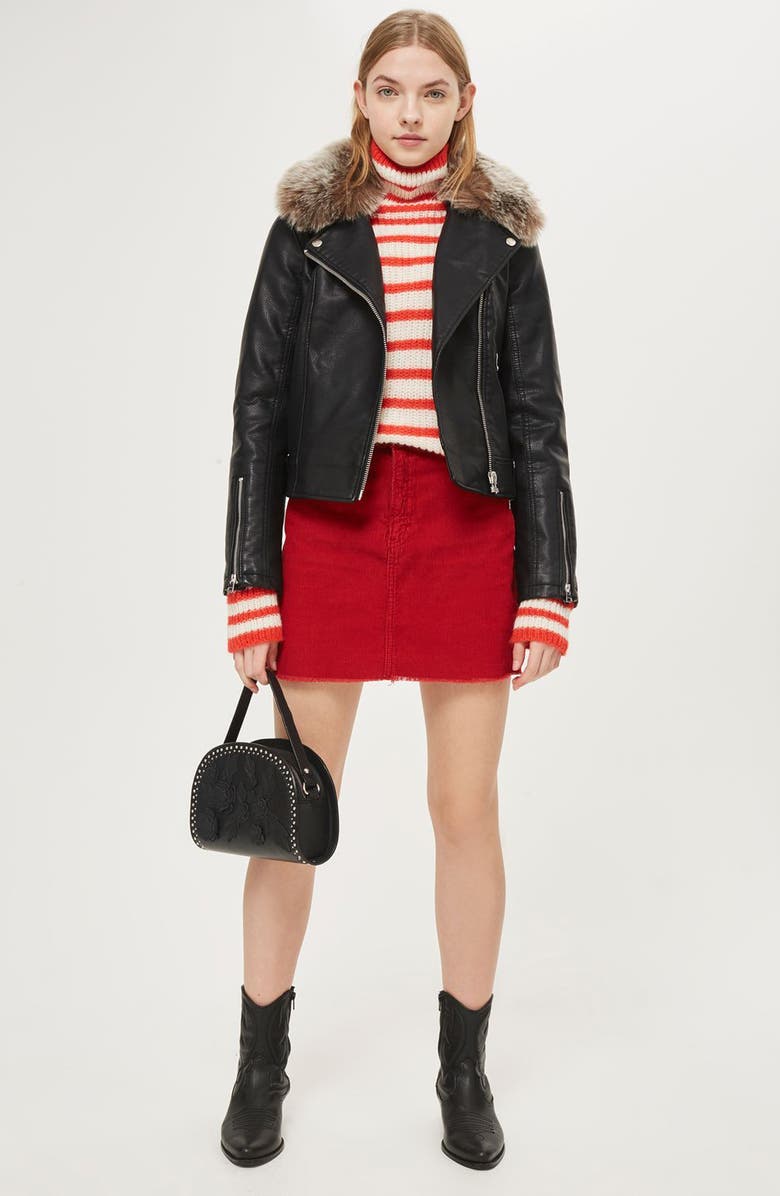 Topshop Rayne Faux Fur Trim Biker Jacket, Alternate, color, 