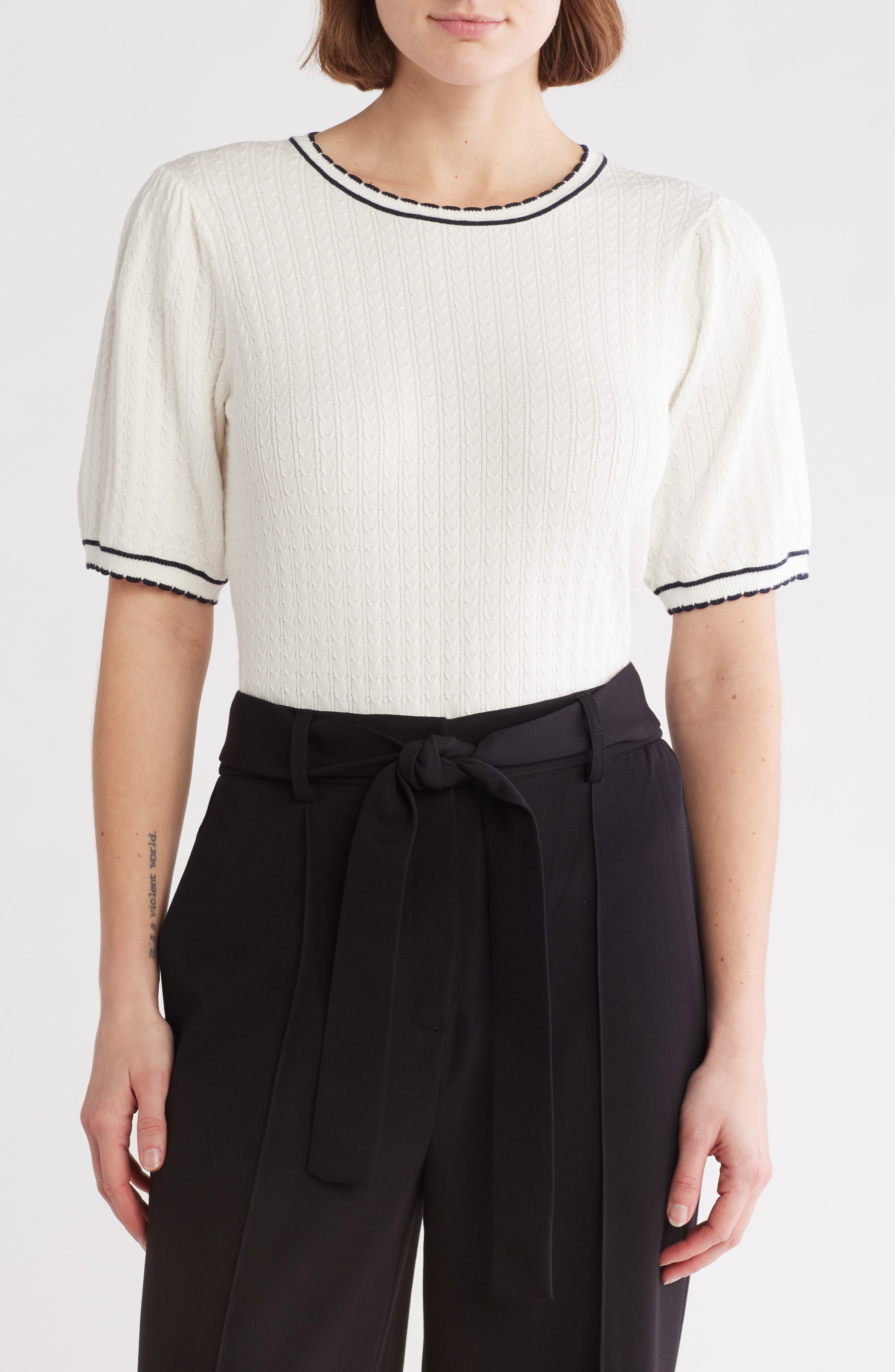 Adrianna Papell Ladylike Scalloped Short Sleeve Sweater
