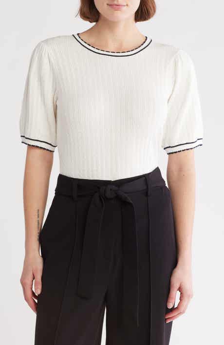 Adrianna Papell Ladylike Scalloped Short Sleeve Sweater