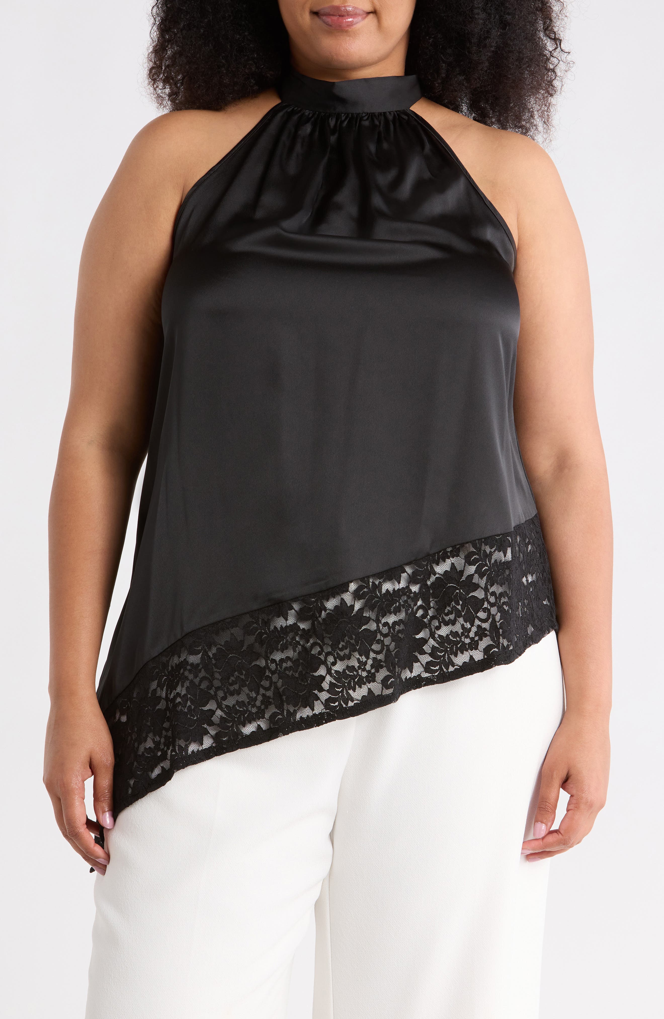 Renee C Sleeveless Lace Trim Satin Asymmetric Top