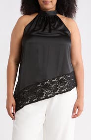 Renee C Sleeveless Lace Trim Satin Asymmetric Top