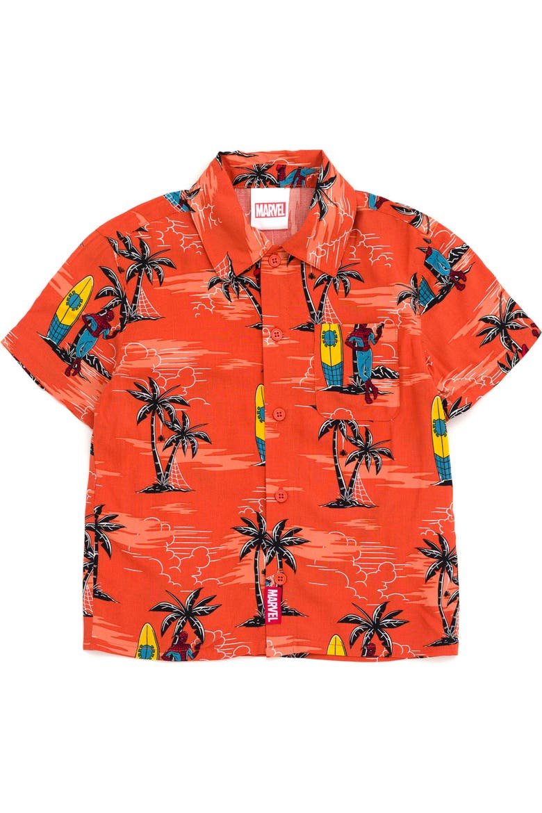 Spider-Man Button Front Hawaiian Shirt, Main, color, Spider Man Apricot