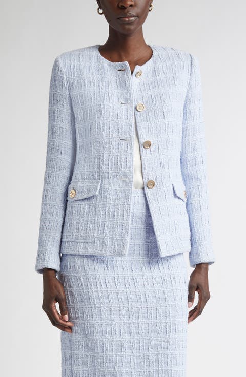 Plaid Textured Cotton Blend Tweed Jacket