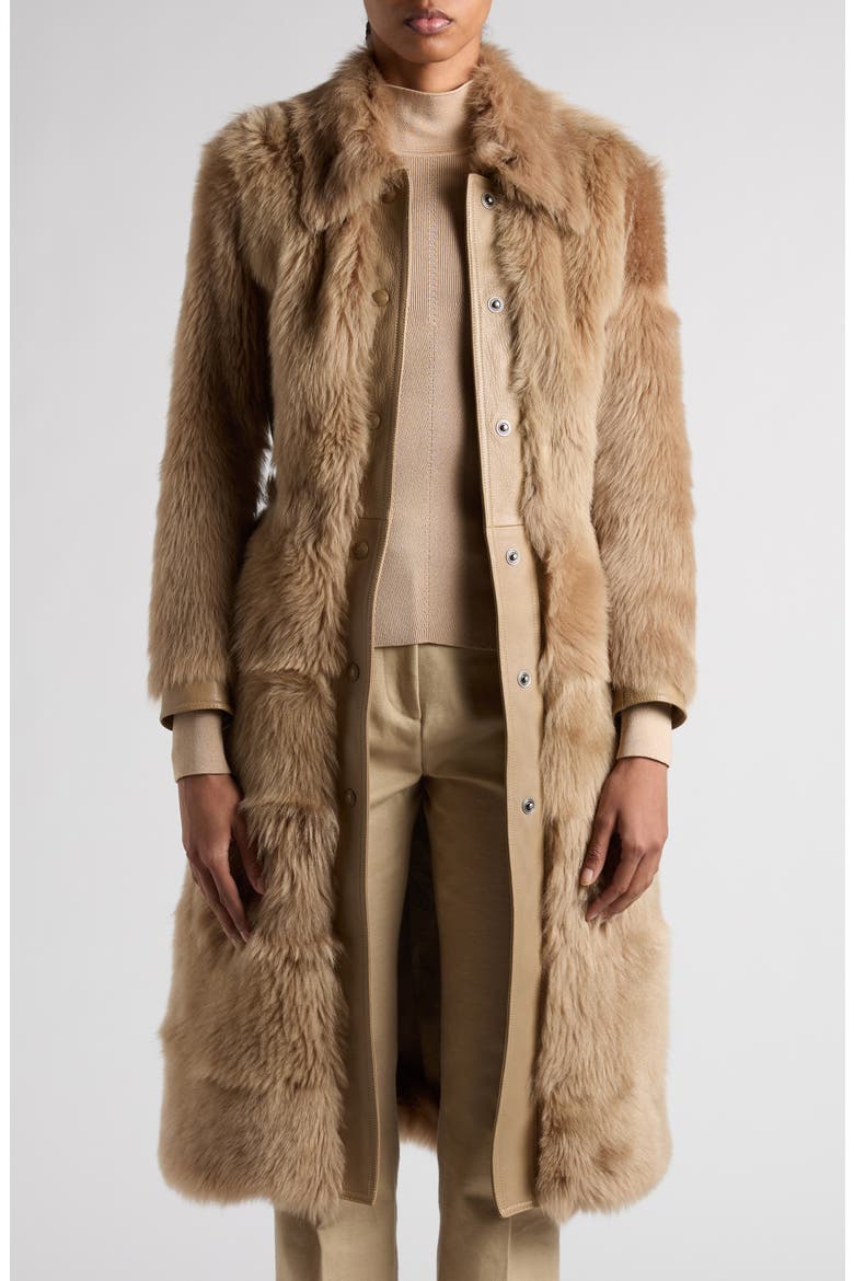 Soft Shearling & Leather Belted Coat, Alternate, color, JB020 HONEY BEIGE