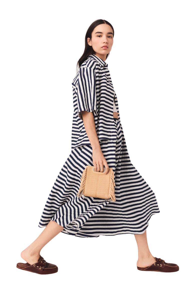 Linen-blend midi skirt, Alternate, color, White/blue