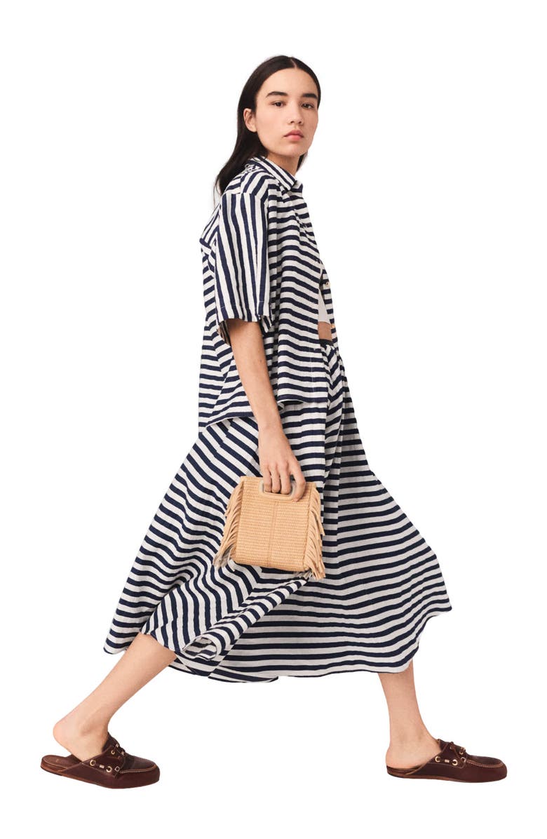 maje Linen-blend midi skirt, Alternate, color, White/Blue