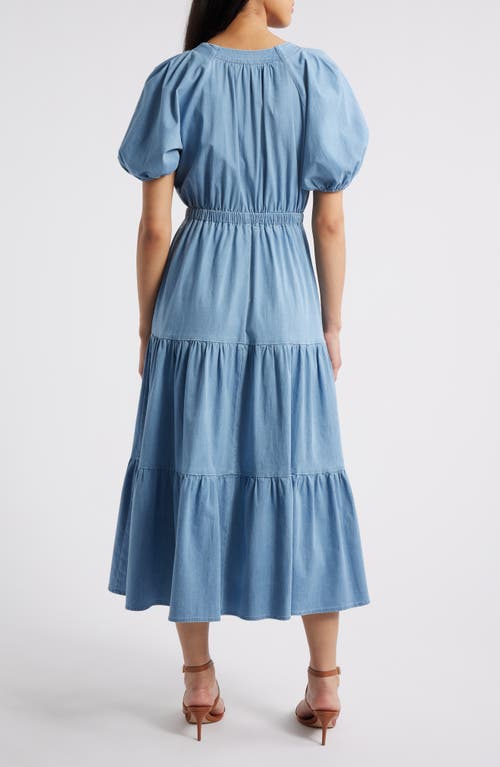 Anne Klein Puff Sleeve Tiered Denim Midi Dress In Blue