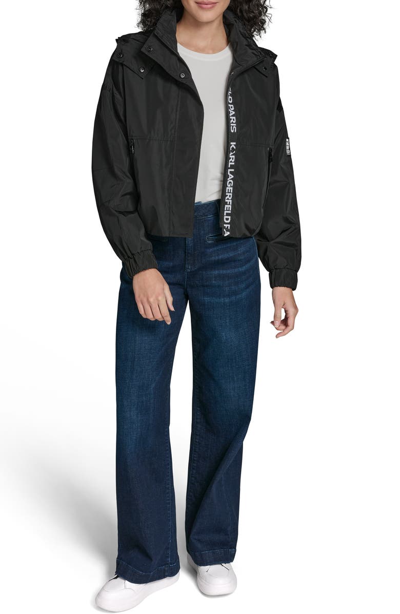 KARL LAGERFELD Short Hooded Logo Rain Jacket, Alternate, color, Black