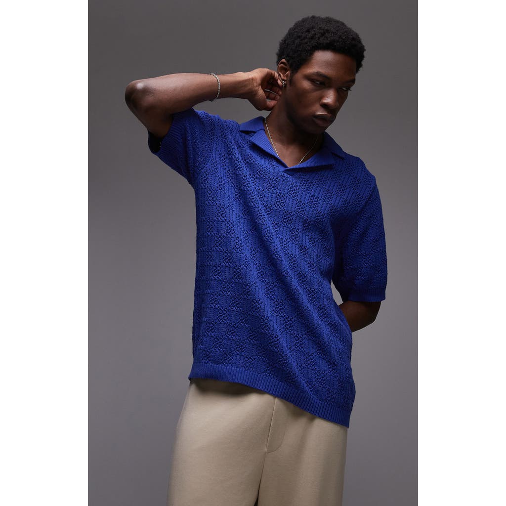 Topman Johnny Collar Check Pattern Cotton Polo Sweater In Blue