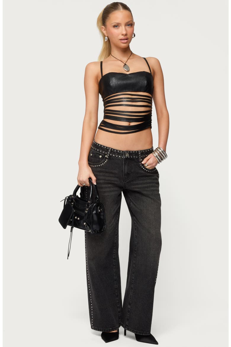 Shredded Faux Leather Bustier Top, Alternate, color, BLACK