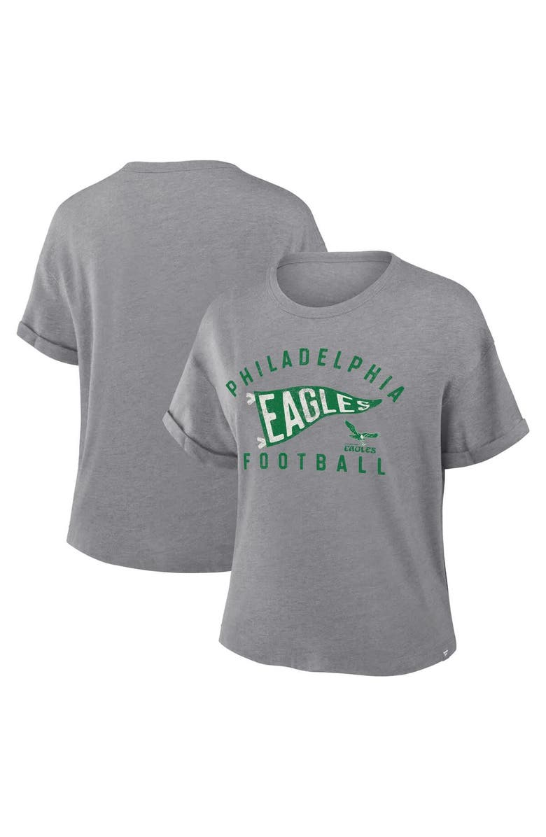 FANATICS Women
s Fanatics Heather Gray Philadelphia Eagles Pennant Wave Tribute Tri-Blend Boxy T-Shirt, Main, color, Heather Gray