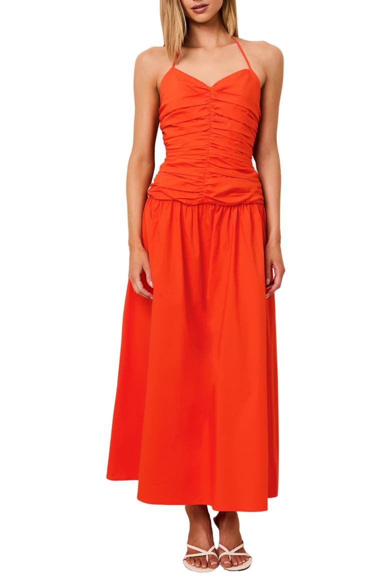 The Adina Center Ruched Halter Neck Stretch Cotton Maxi Dress, Main, color, HABANERO