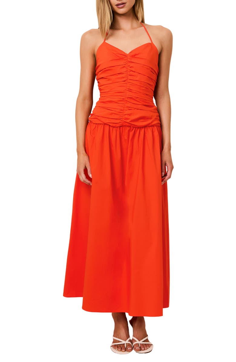 Solid & Striped The Adina Center Ruched Halter Neck Stretch Cotton Maxi Dress, Main, color, Habanero