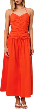 Solid & Striped The Adina Center Ruched Halter Neck Stretch Cotton Maxi Dress
