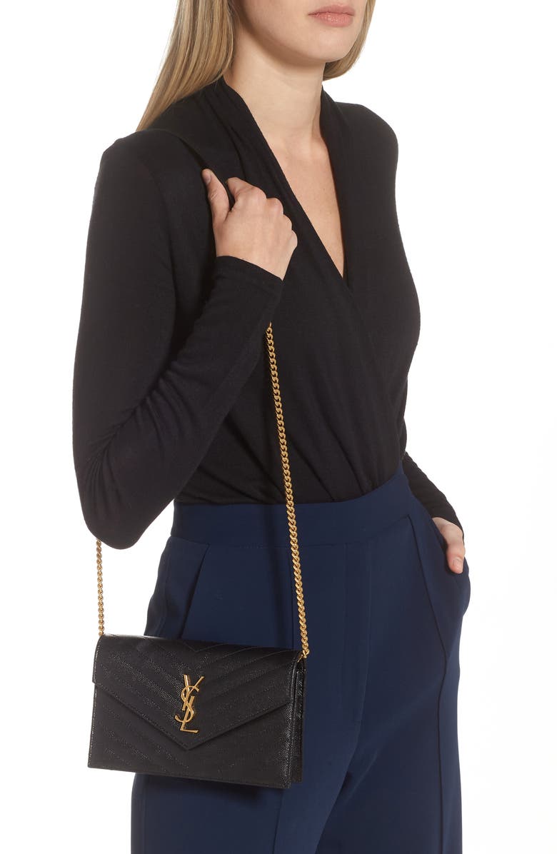 Saint Laurent Cassandre Matelassé Leather Envelope Wallet on a Chain, Alternate, color, 