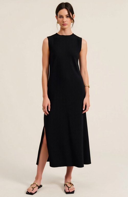 Modenaire Sleeveless Ribbed Knit Midi Dress With Side Slit And Crew Neckline In Black